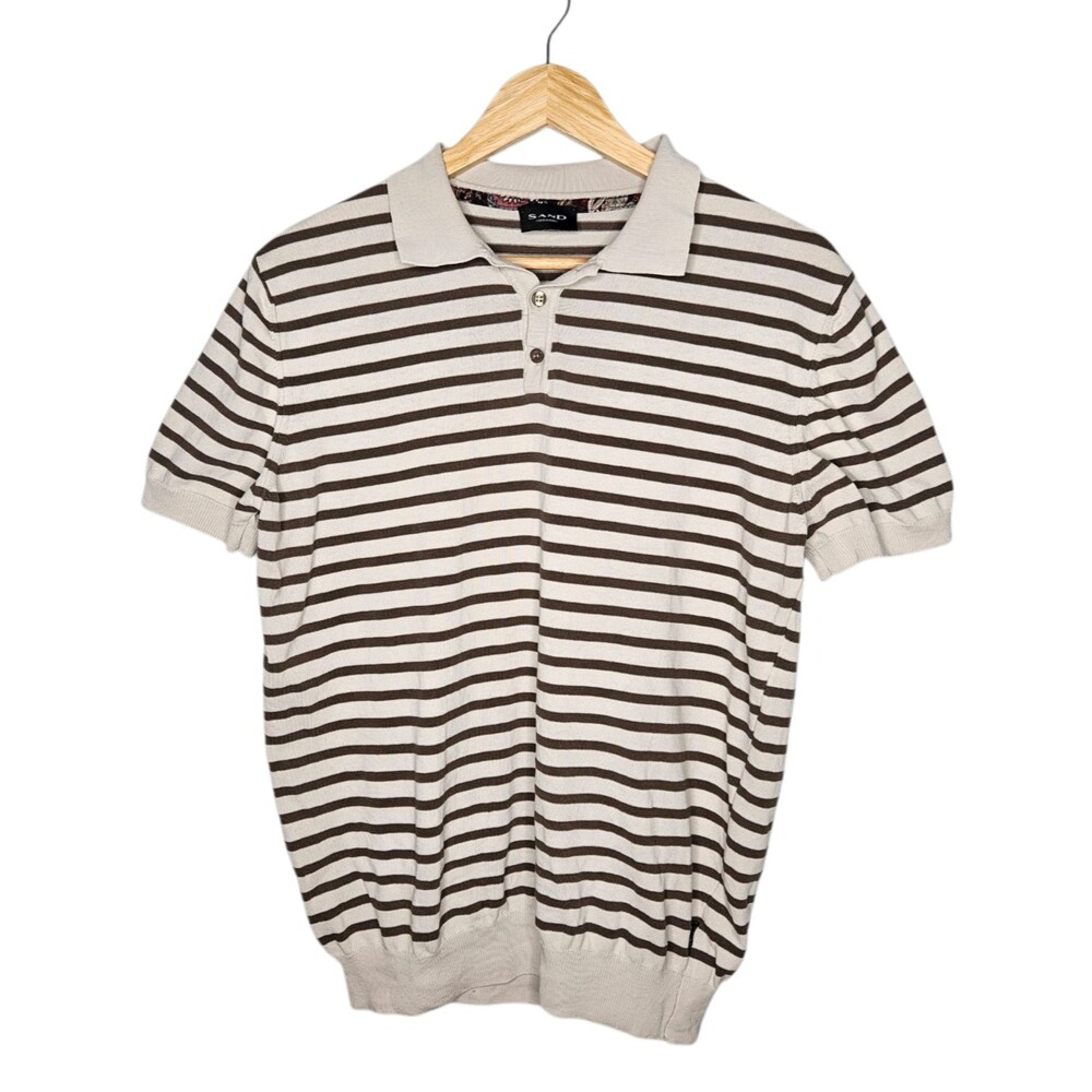 SAND Copenhagen Striped Polo Shirt Men XL Beige Brown Short Sleeve Preppy Casual